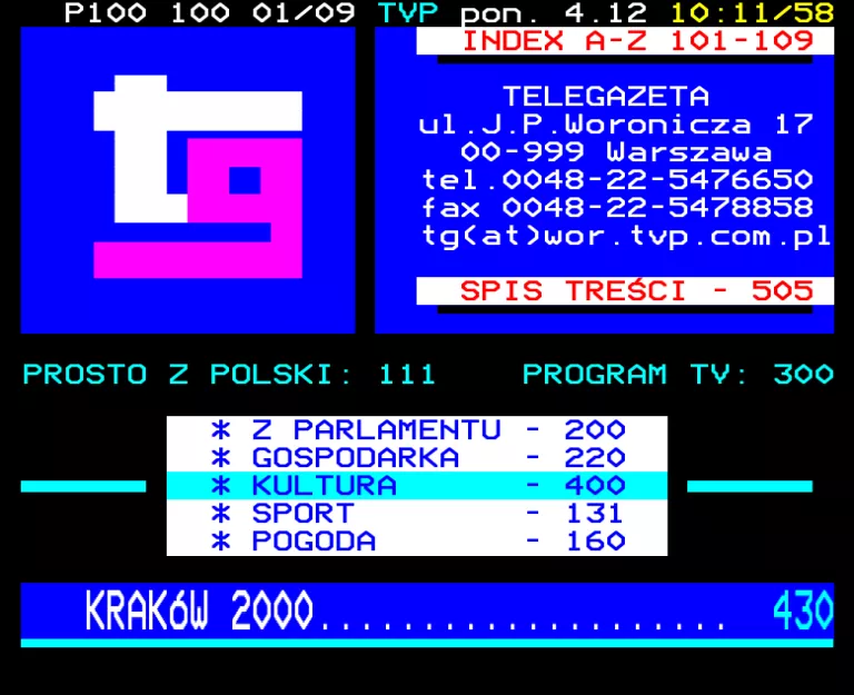 TV Polonia from Monday 4th December 2000